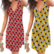 Sexy Backless Deep Veck Sleeveless Printed Dress