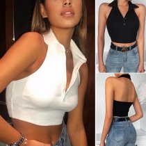 Sexy Backless POLO Collar Solid Color Crop Top