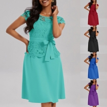 Fashion Lace Spliced Round Neck Solid Color Loose Dress