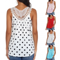 Fashion Dots Printed Sleeveless Lace Spliced Top