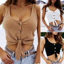 Fashion Solid Color Knotted Hem Sleeveless Crop Top