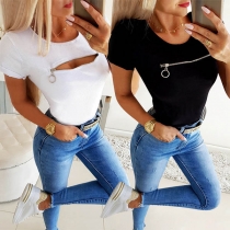 Fashion Short Sleeve Round Neck Solid Color Zipper T-shirt
