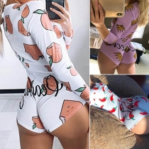 Sexy Deep V-neck Long Sleeve Slim Fit Printed Romper
