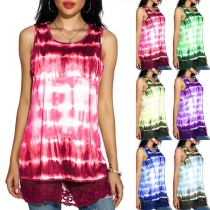 Fashion Sleeveless Round Neck Lace Spliced Hem Tie-dye Printed Top