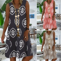 Fashion Sleeveless V-neck Loose Printed Dress