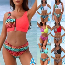 Sexy Contrast Color Printed Spliced Bikini Set