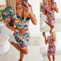 Sexy V-neck Puff Sleeve Slim Fit Printed Dress