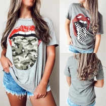 Chic Style Lip Printed Short Sleeve Round Neck T-shirt