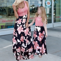 Fashion Sleeveless Round Neck Wavy-stripe Printed Parent-child Dress