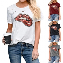 Fashion Leopard Spliced Lip Pattern Ripped T-shirt