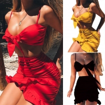 Sexy Backless Lace-up Sling Top + Ruffle Hem Skirt Two-piece Set