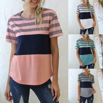 Fashion Short Sleeve Round Neck Striped Spliced T-shirt