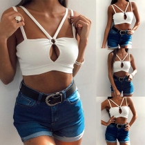 Sexy Backless Hollow Out Solid Color Sling Crop Top