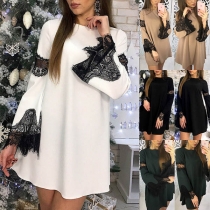 Fashion Lace Spliced Long Sleeve Round Neck Dress
