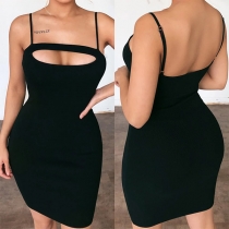 Sexy Backless Hollow Out Solid Color Slim Fit Sling Dress