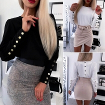 Fashion Solid Color Long Sleeve Round Neck Button Top