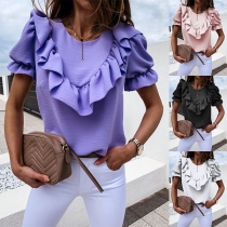 Fashion Solid Color Puff Sleeve Round Neck Ruffle Top