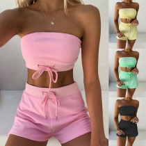 Sexy Solid Color Bandeau Top + Shorts Two-piece Set