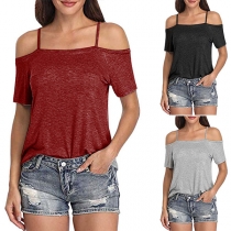 Sexy Off-shoulder Short Sleeve Solid Color Sling Top