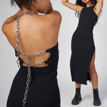 Sexy Backless Slit Hem Solid Color Slim Fit Chain Halter Dress