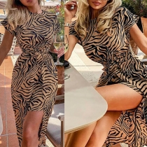 Fashion Short Sleeve Round Neck Irregular Hem Leopard Printed Dress