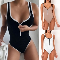 Sexy Contrast Color Sleeveless U-neck Bodysuit