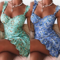 Sexy Backless Ruffle Hem Sling Printed Dress