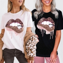Fashion Sequin Spliced Leopard Lip Pattern Short Sleeve T-shirt