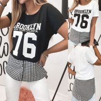 Fashion Letters Printed Short Sleeve Plaid Spliced Hem T-shirt