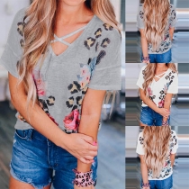 Fashion Short Sleeve V-neck Printed T-shirt