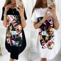 Chic Style Characters Printed Short Sleeve Round Neck Loose Dress