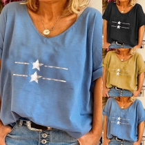 Fashion Star Printed Short Sleeve V-neck Loose T-shirt