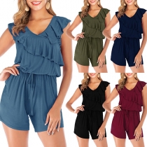 Fashion Solid Color Sleeveless V-neck Ruffle Romper