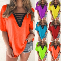 Fashion Contrast Color V-neck Short Sleeve Loose T-shirt