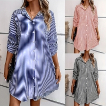 Fashion Long Sleeve PLO Collar Slit Hem Striped Shirt