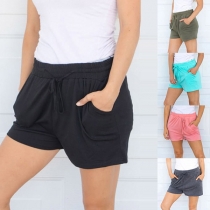 Fashion Solid Color Elastic Waist Sports Shorts