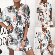 Fashion Long Sleeve Stand Collar Ink Painting Printed Dress