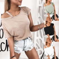 Sexy Off-shoulder Short Sleeve Solid Color T-shirt