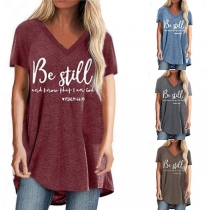 Fashion Letters Printed Short Sleeve V-neck Loose T-shirt