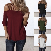 Sexy Off-shoulder Trumpet Sleeve Solid Color Sling Top