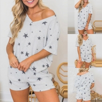 Fashion Star Printed Short Sleeve V-neck Top + Shorts Two-piece Set
