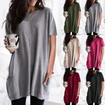 Fashion Short Sleeve Round Neck Solid Color Loose T-shirt