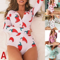 Sexy Deep V-neck Long Sleeve Slim Fit Printed Bodysuit