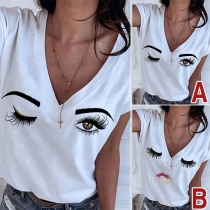 Cute Style Eyelash Printed Short Sleeve V-neck T-shirt