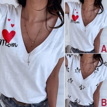 Casual Style Short Sleeve V-neck Printed T-shirt