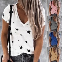 Fashion Short Sleeve V-neck Star/Heart Printed T-shirt