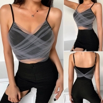 Sexy Backless V-neck Gauze Spliced Sling Crop Top