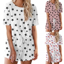 Fashion Short Sleeve Round Neck Printed Top + Shorts Two-piece Set