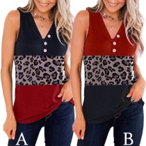 Fashion Contrast Color Leopard Spliced Sleeveless V-neck Top