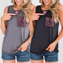 Fashion Leopard Spliced Sleeveless Round Neck Tank Top